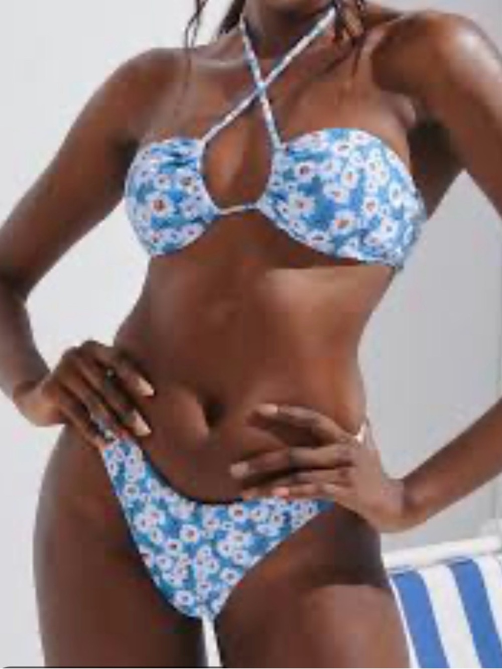 Blue Floral Tie-Strap Bikini Top and Bottom Set